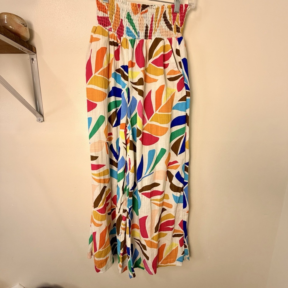 Tabitha Brown Womens S Multicolor Palm Botanical Wide Leg Pants Smocked Boho
